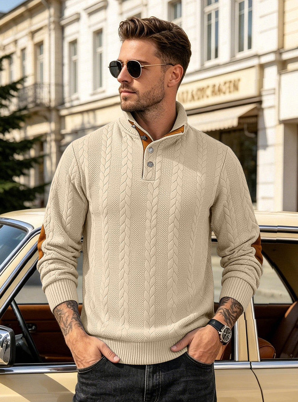 Herren Strickpullover mit Zopfmuster und Knopfleiste