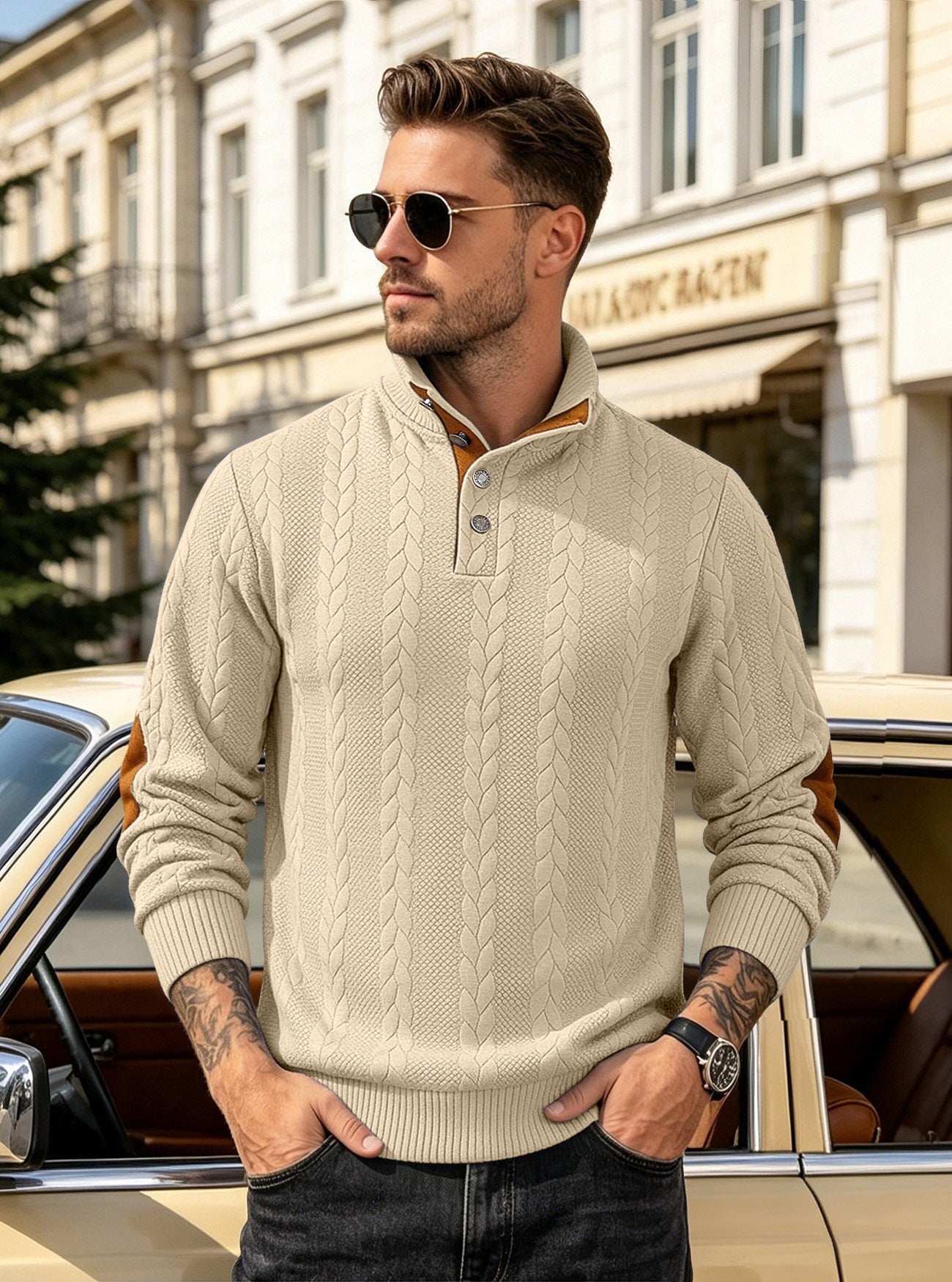 Herren Strickpullover mit Zopfmuster und Knopfleiste