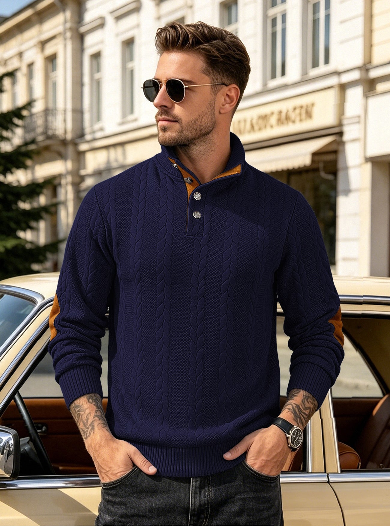 Herren Strickpullover mit Zopfmuster und Knopfleiste