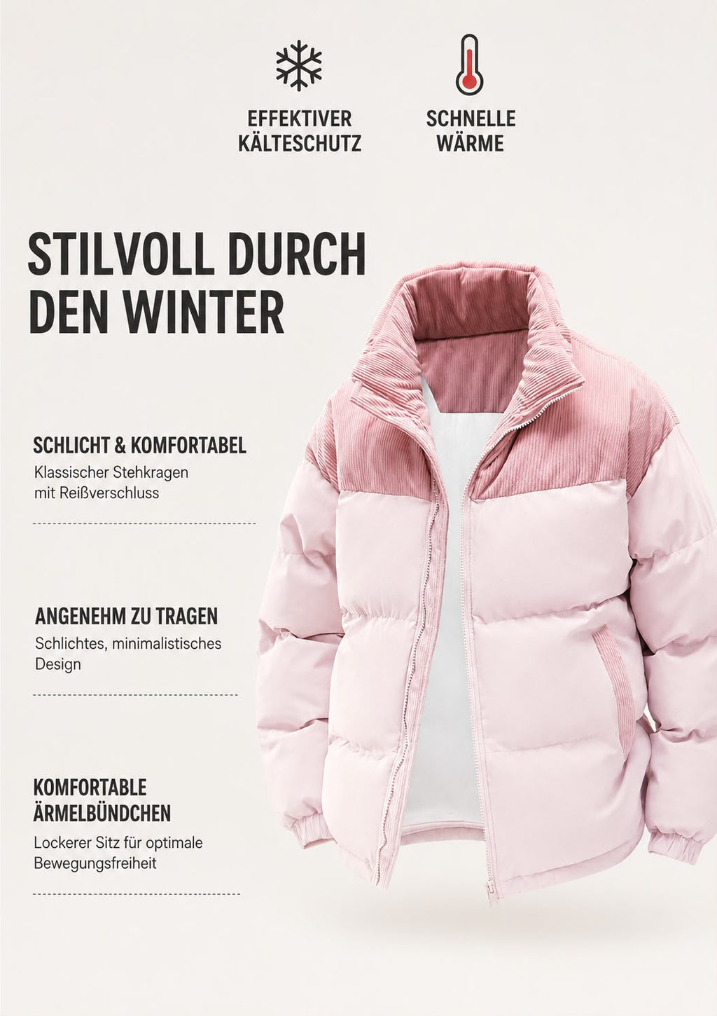 Warme Herren-Pufferjacke mit Kapuze