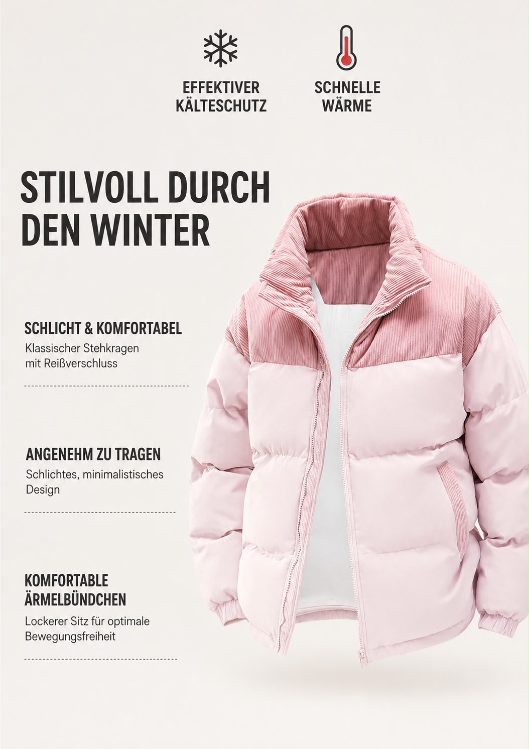 Warme Herren-Pufferjacke mit Kapuze